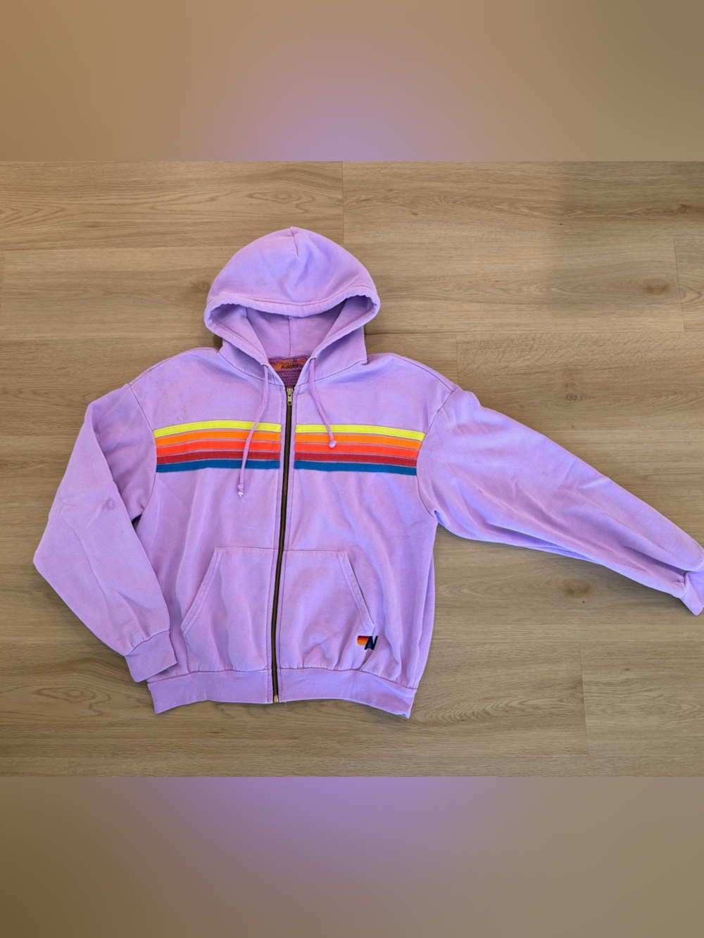Aviator Nation Lavender Zip Hoodie with Rainbow Chest Stripes